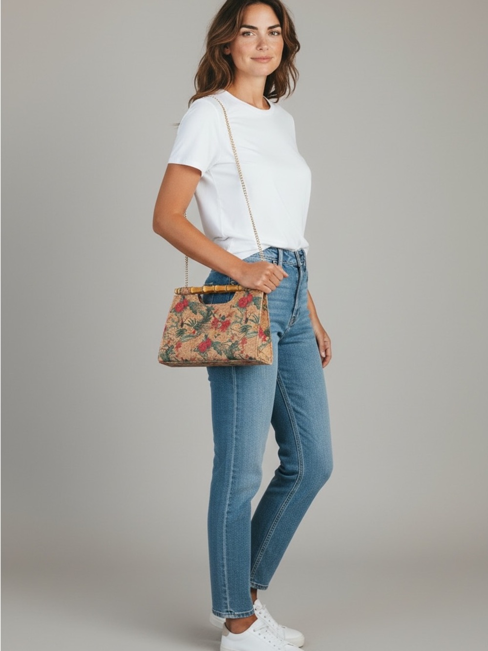 Floral Cork Shoulder Bag with Bamboo Handle - Natural Floral